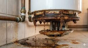 Óxido en la base de un termo eléctrico con agua marrón saliendo por abajo