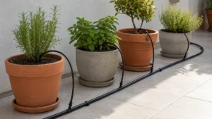 Tubería principal de riego por goteo casero extendida sin dobleces junto a varias macetas.