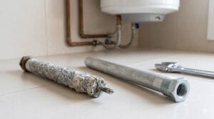 Ánodo de magnesio gastado junto a uno nuevo para mantenimiento del termo