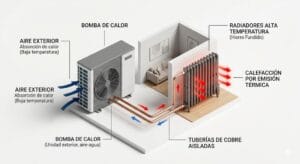 Comparativa visual de aerotermia con radiadores sin obras frente a suelo radiante