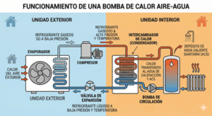 Esquema de funcionamiento de bomba de calor aire agua y radiadores de alta temperatura.