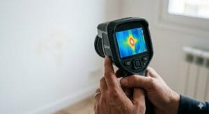 Operario profesional usando equipo para detectar fugas de agua con cámara termográfica en una pared.