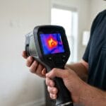 Operario buscando humedad con cámara termográfica.