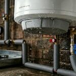 Gota de agua cayendo de la base de un termo eléctrico indicando una fuga inferior.