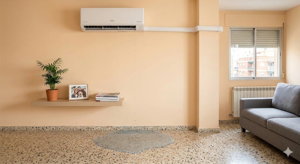Aire acondicionado split goteando agua por dentro en una pared interior