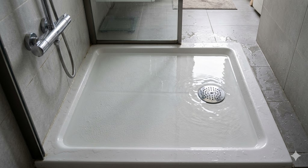 Plato de ducha con agua acumulada por atasco en el desagüe