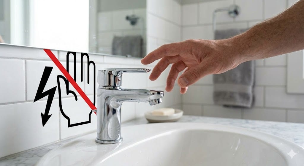 Mano frenada antes de tocar un grifo metálico por posible riesgo eléctrico.