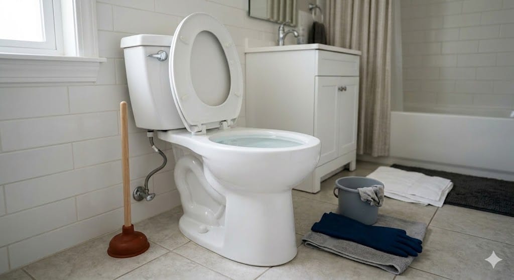 Inodoro atascado con el agua alta y herramientas preparadas para desatascarlo con seguridad.