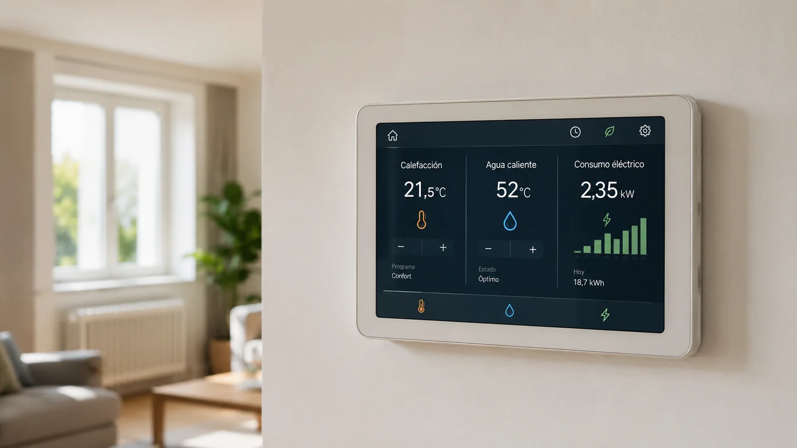Panel doméstico controlando temperatura, ACS y consumo eléctrico para priorizar mejoras de eficiencia energética.