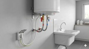 Ejemplo de cómo instalar un termo eléctrico en una pared segura con enchufe protegido y alejado del agua