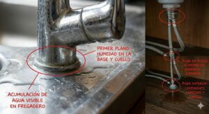 Grifo gotea agua por la base en un lavabo o una fregadera