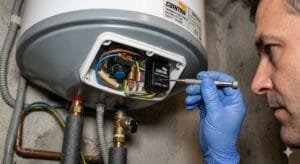 Botón o ranura de rearme del termostato de seguridad en un termo eléctrico