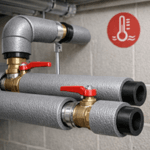 Tuberías de agua caliente aisladas junto a un termo eléctrico en vivienda