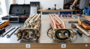Resistencia de termo eléctrico dañada y cubierta de cal junto a una nueva