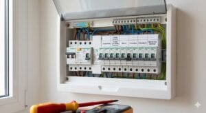 Cuadro eléctrico doméstico con magnetotérmicos y diferencial durante una revisión profesional.