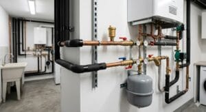 nstalación interior de aerotermia con tuberías y componentes hidráulicos visibles.