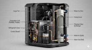 Componentes internos de una bomba de calor para climatización.