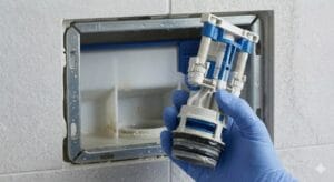 Cómo reparar una cisterna empotrada que pierde agua 4 Válvula de descarga extraída del hueco frontal de una cisterna empotrada