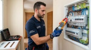Electricista revisando un cuadro eléctrico con una pinza amperimétrica para diagnosticar fugas