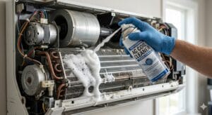 Aplicación de spray limpiador en evaporador de split interior.