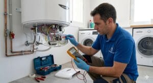 técnico revisando la base y conexiones de un termo eléctrico