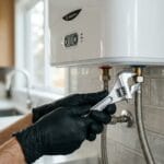 Instalación profesional de latiguillo de acero en termo eléctrico de alta gama.