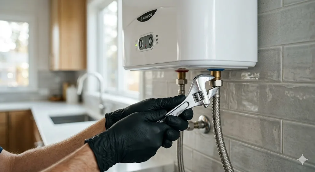 Instalación profesional de latiguillo de acero en termo eléctrico de alta gama.