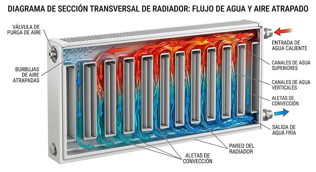 Esquema técnico de cómo el aire atrapado impide que el agua caliente llene todo el radiador.