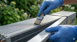 Técnica segura utilizando un cepillo suave para limpiar filtro aerotermia en la unidad exterior sin doblar las aletas de aluminio.