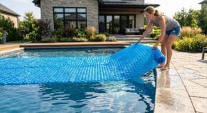 Colocación de manta térmica de burbujas para mantener el calor del agua.