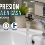 Comprobación de poca presión de agua en casa con grifo abierto y manómetro doméstico.