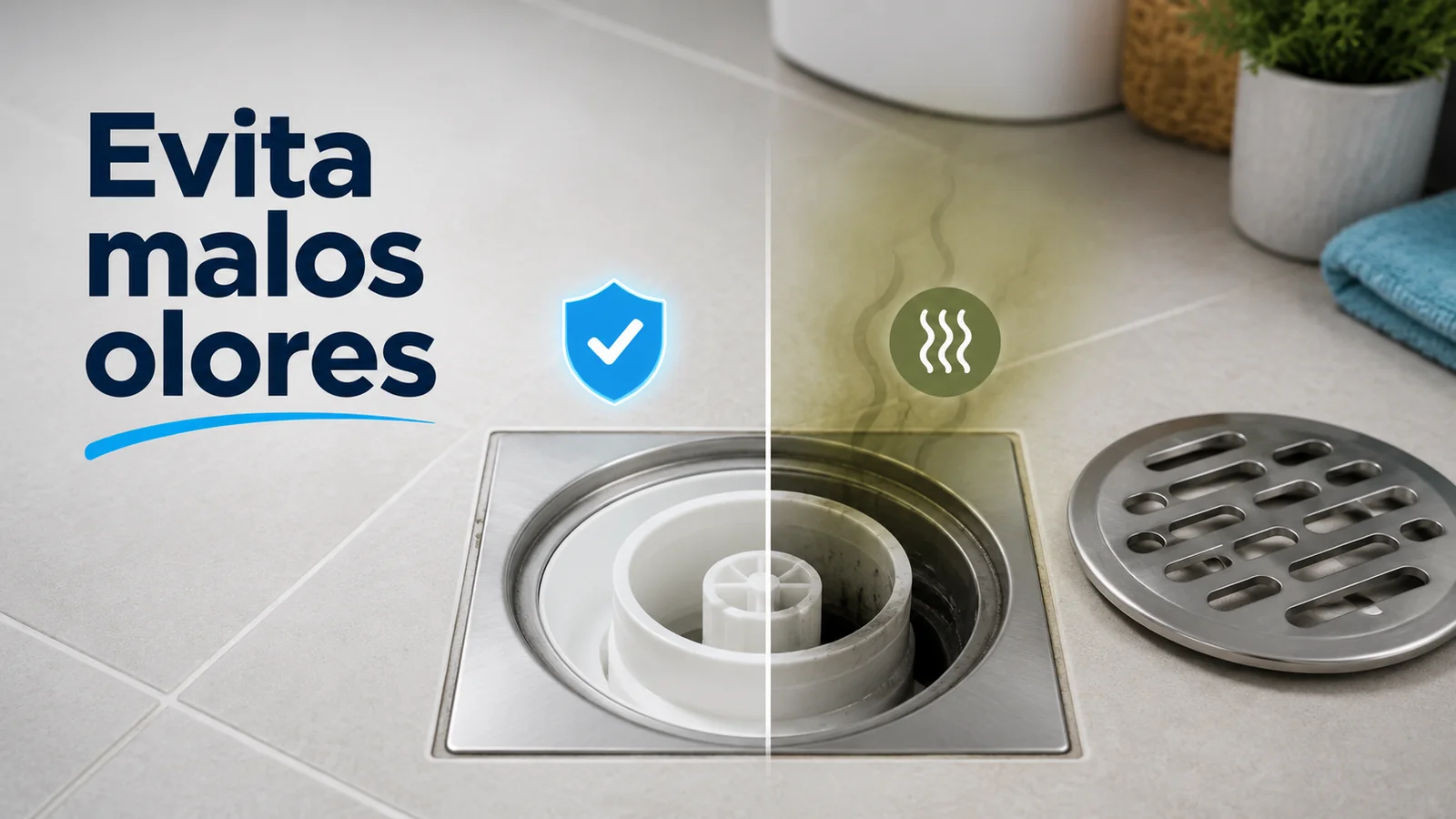 Bote sifónico abierto en un baño antes de retirar residuos que causan olor y atasco.