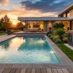 Bomba de calor instalada en piscina moderna al atardecer.
