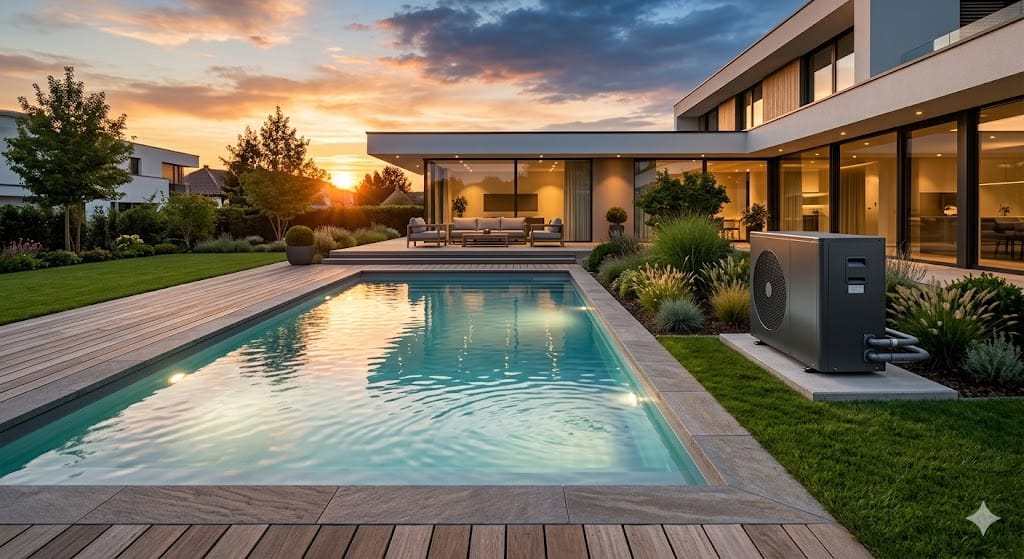 Bomba de calor instalada en piscina moderna al atardecer.