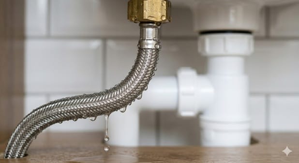 Latiguillo que gotea en una conexión bajo un lavabo