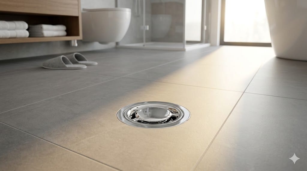 Cuarto de baño limpio mostrando la tapa metálica en el suelo antes de limpiar bote sifónico.
