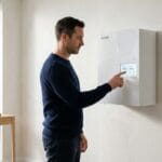 Propietario revisando la pantalla digital durante el proceso de mantenimiento aerotermia rutinario en su domicilio.