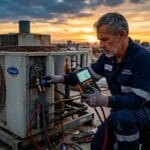 Técnico instalador revisando presión de gas en aire acondicionado antiguo.