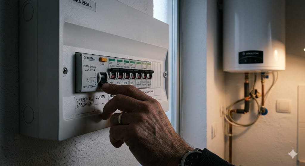 cuadro eléctrico de vivienda con el diferencial bajado y termo eléctrico al fondo