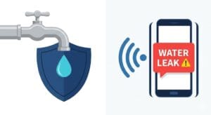 Infografía que ilustra la cobertura de pólizas de seguros para daños hídricos y el uso de sensores de alarma WiFi.