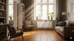 Radiador moderno de baja temperatura funcionando con el sistema de aerotermia de la vivienda.