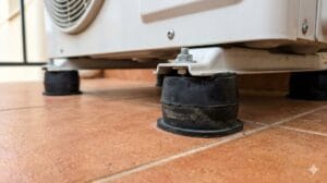 Soportes antivibración en la unidad exterior para evitar ruidos de la aerotermia en un piso.