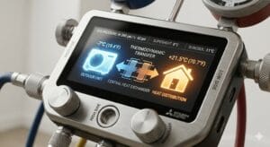 Pantalla técnica mostrando los diferenciales térmicos de la bomba de calor durante el mantenimiento aerotermia.