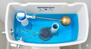 Demostración del truco del colorante azul dentro de la cisterna para localizar fugas imperceptibles en el inodoro.