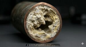 Corte de una tubería de cobre para mostrar por qué es necesario saber cómo quitar la cal de las tuberías de agua caliente.