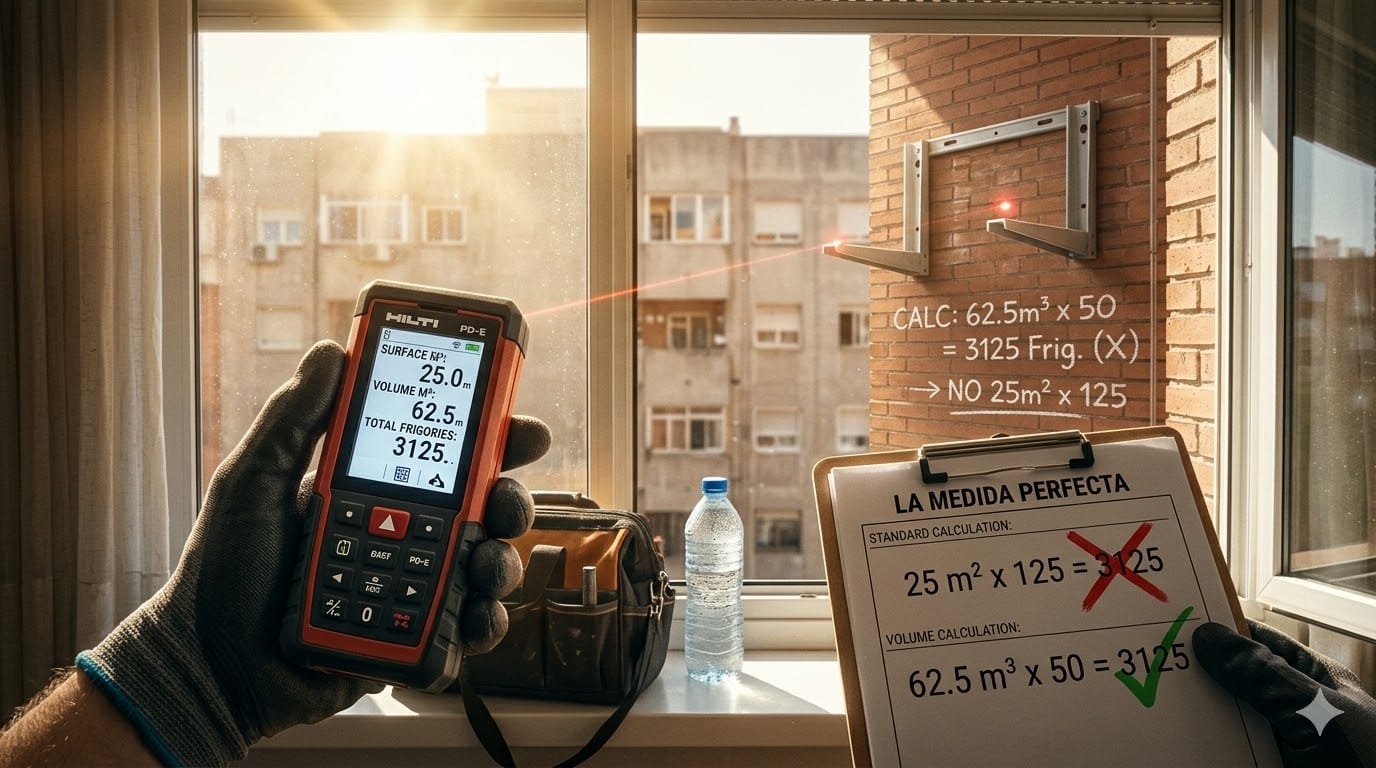 Técnico profesional midiendo un salón para dimensionar equipos de climatización.