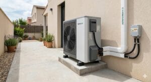 Unidad exterior de aerotermia instalada con espacio libre suficiente para ventilación.