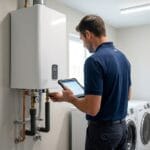  Fotografía realista de un técnico instalador de climatización (ropa de trabajo limpia, polo azul oscuro) visto de espaldas/perfil. Está inspeccionando las conexiones hidráulicas inferiores de un aerotermo mural moderno en un cuarto de máquinas doméstico muy limpio. Sostiene una tablet en una mano.