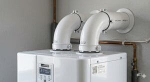 Detalle de los conductos de ventilación superior en la instalación de un sistema eficiente al evaluar aerotermo vs termo eléctrico.