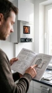 Propietario consultando el manual técnico oficial para entender los códigos de error en calderas de gas en el hogar.